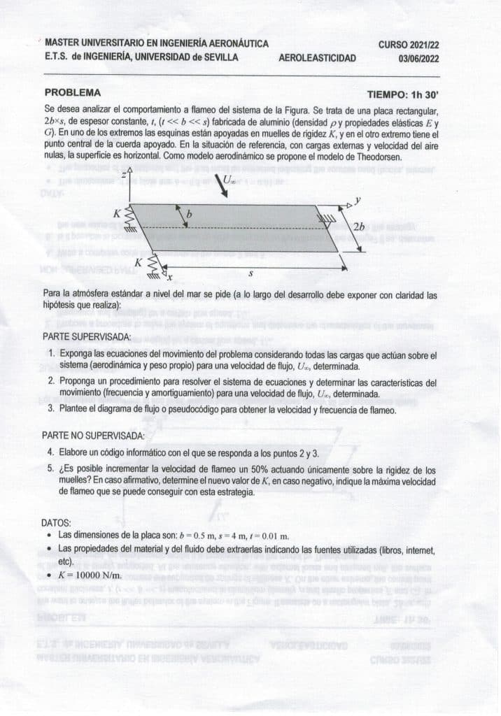 Enunciado de problema aeroelástico de flameo