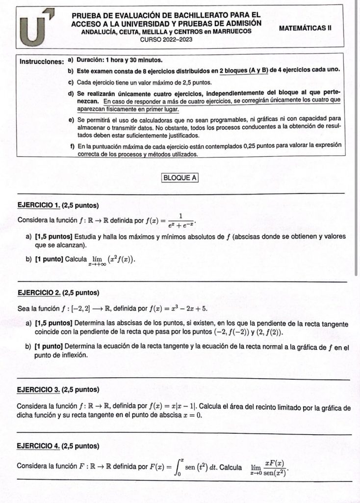 Enunciado Matemáticas II Selectividad (PEvAU) en Andalucía Junio 2023 (Primera hoja)