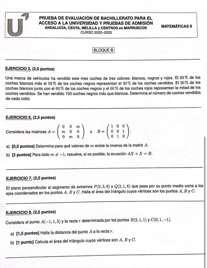 Enunciado Matemáticas II Selectividad (PEvAU) en Andalucía Junio 2023 (Segunda hoja)