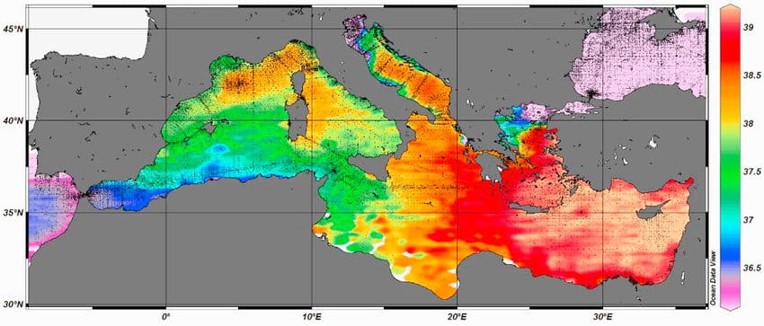 Mapa de salinidad del mediterráneo