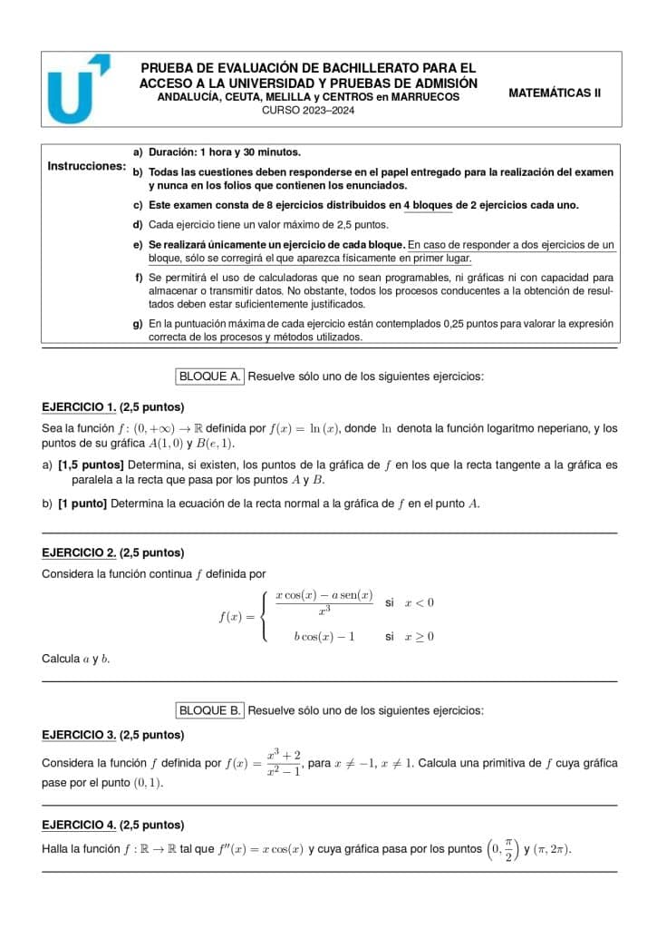 Primera página enunciado Examen Matemáticas Andalucía Junio 2024 PEvAU