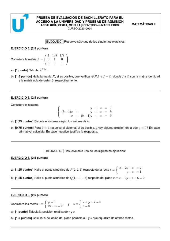 Segunda página enunciado Examen Matemáticas Andalucía Junio 2024 PEvAU